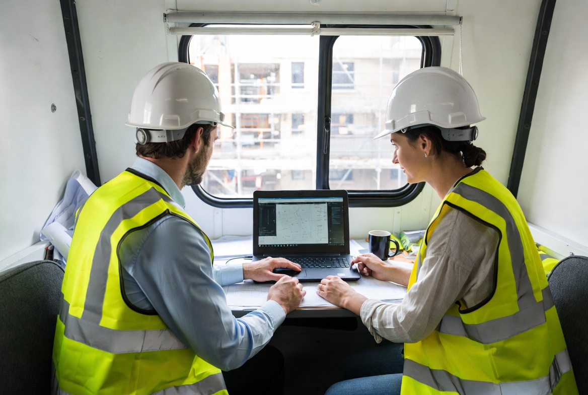 Site compliance team reviewing records on a laptop